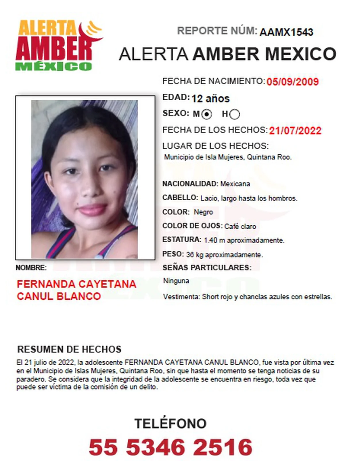 Fernanda Cayetana, menor desaparecida en Quintana Roo. (Foto: Alerta Amber)